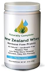 Naturally Complete New Zealand Whey All Natural Hormone Free Protein Vanilla Cream 25 oz. Servings Per Container: 72 - Antibiotic Free - Meadow Fed - Low-Temp Micro Filtered Easy-Mix Formula - (This product is free of wheat, gluten, egg, fish, shellfish, peanut, tree nuts, yeast, soy protein, MSG, GMO, artificial color, artificial flavor, and preservatives). GMP Certified. Restore your pH....Alkalize....Energize!