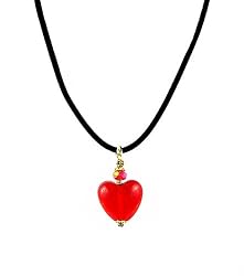 Necklace - N154 - Murano Style Glass - Heart Shape (Sm) ~ Red on Black Flock Cord