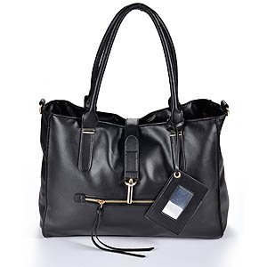 oversized 2way ladies Women soft faux leather Handbag Shoulder weekend Bag carry bag Zippered Tote Mirror card black