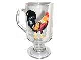 ArtisanStreet's Rooster Coffee Mugs. Set of 4 Mugs. Design of Bright Red & Golden Rooster with Black Plume Tail Feathers on Clear Glass Cups. Use for Coffee, Tea, Hot Chocolate and/or Desserts Like Parfaits. Hand Painted, One of a Kind, Signed by Artisan