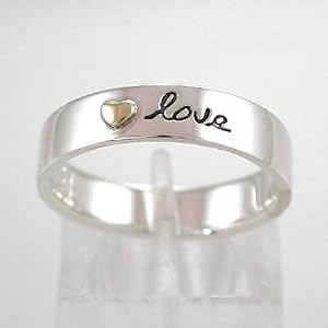 LOVE Sterling Silver Affirmation Band Ring with Brass Heart, Sizes 6, 7, 8, and 9, #8897