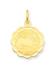 14k Gold Satin Polished Engraveable Leo Zodiac Scalloped Disc Charm