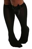 Black Opaque Satin Bow Knee-High Socks