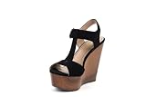 Bamboo Wesley-01 Black Nubuck T-Strap Peep Toe Wooden Platform Wedge Sandal