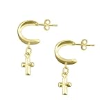 14K Yellow Gold Baby Hoop with Dangling Cross Earrings
