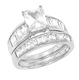 Sterling Silver Wedding Ring Set with Emerald Shape Cubic Zirconia in Four Prong Setting and Baguette Sidesstones