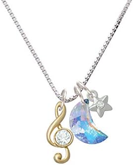 Medium Gold Tone Clef with Crystal Crystal Moon and Star Necklace