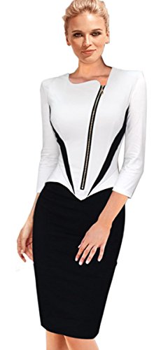 Babyonline Office OL Wear to Work Front Zip Patchwork Casual Party Pencil Dress
