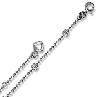 Schmuck-Pur Echt 925/- Silber Fußkette mit Herz und Blüten