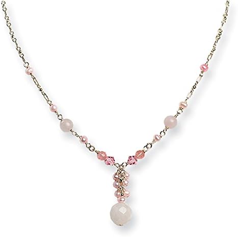 Sterling Silver Rose, Cherry Quartz, Pink Crystal, FW Cultured Pearl Necklace, 16 inch