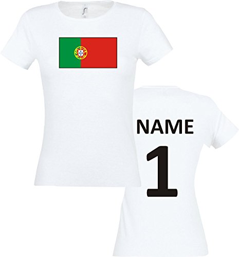Lady T-Shirt Portugal Ländershirt mit Wunschnamen und Nummer, Farbe weiss, Größe M