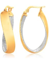 14K Two Tone Gold Wide Polished and Textured Oval Twist Earrings