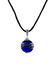 Necklace - N484 - Round Shape Murano Style Glass ~ Cobalt Blue and Copper Stripe
