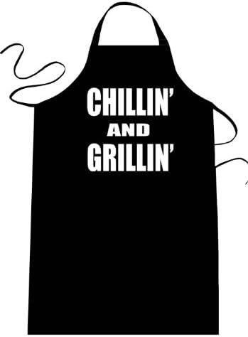 CHILLIN N GRILLIN- Funny Apron; Long Length 30" x Full Width 28" Kitchen Aprons for Men, Women, & Teens (Unisex) One Size Fits Most; Cotton Polyester Blend with Adjustable Neck; Great gift idea.