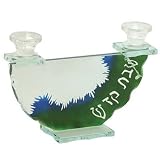 Candle Holders Glass for Shabbat and Jewish Holiday. Glass Shabbat Candle Sticks, Clear Glass, Semi-circle with Stained Green and Blue Glass and Clear 'Shabbat Kodesh' Design. Jewish Art. Great Gift For: Yom Kippur Rosh Hashanah Shabbat Purim Sokot Simchat Torah Hanukkah Passover Lag Baomer Shavuot Rabbi Bridesmaid Temple Chupah Wedding Housewarming Thanksgiving Anniversary Morhter's Day Bar Mitzv