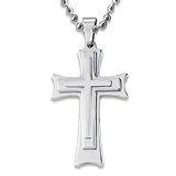 Stainless Steel Tri-Level Cross Necklace on 24 Inch Ball Chain