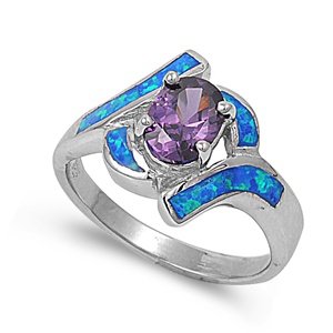 Sterling Silver Ring in Lab Opal - Amethyst, Blue Opal - Ring Face Height: 16mm, Size 5 - 10