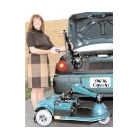 Wheelchair Lift - Mobility Scooter Lift and Electric Wheel Chair Lift with 300 lb capacity and Easy-Glide finger tip arm rotation, effortlessly loads the scooter or chair into the trunk or truck bed. Use this motorized chair lift in cars, trucks, SUV's and vans. This wheelchair lift has a 3-way boom adjustment, length adjustment from 30" to 44", angle adjustment from 0 to 45 degrees and height adjustment from 17" to 21". The Mobility Scooter Lift has an easy swivel boom that locks for transport, can be easily removed, and folds for easy storage or travel. The remote hand pendant is included