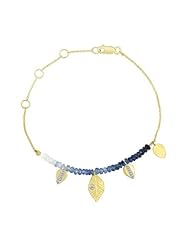Meira T Solid 14K Yellow Gold Hammered Diamond Leaf Charms & Blue Sapphire Beads Chain Bracelet