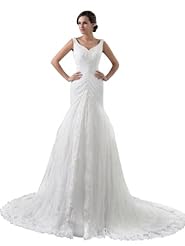 V-neck Spring Fall Mermaid Sleeveless Chiffon Lace Ruched Wedding Dress  with a Court Train 