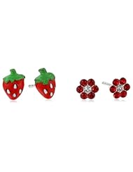 Kate & Lucy Girls Sterling Silver Enamel Flower and Strawberry Stud Earrings Set