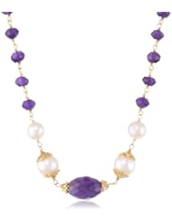 White Freshwater Cultured Pearl and Sterling Silver Clasp Faceted Amethyst Rondelle Linked Chain Necklace, 16"+2" Extender