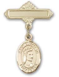 Gold Filled Baby Badge with St. Elizabeth of Hungary Charm and Polished Badge Pin. Catholic Saint Elizabeth of Hungary Patron Saint of Bakers, Nursing Services, Falsely Accused