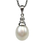 Silver Crystal Top Cultured Pearl Pendant w. Silver Chain Necklace, White