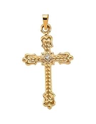 14k Yellow Gold Embossed Herringbone Harlequin Pattern Diamond Cross Pendant (.01 Ct, G Color, SI2 Clarity)