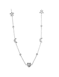 Alexander James White Gold Rhodium Bonded 16 Inch Necklace with Heart and Moon Charms with Round Cut Clear Cubic Zirconia in a Pave and Bezel Setting and a Lobster Clasp in Silvertone 17 inch L x 8.8 (mm) W x 3.2 (mm) H