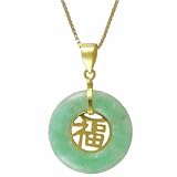 18k Gold Over Sterling Silver Genuine Green Jade Blessing Pendant