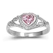 Sterling Silver Baby Ring for Child - Dainty Silver Band with Pink Heart CZ Crystal & October Birthstone Ring (size 1) in Heart-Shaped Black Velvet Gift Box