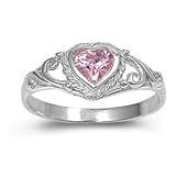 Sterling Silver Baby Ring for Child - Dainty Silver Band with Pink Heart CZ Crystal & October Birthstone Ring (size 1) in Heart-Shaped Black Velvet Gift Box