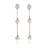Eve's Addiction Double Drop White Pearl Drop Earrings with CZ Accents