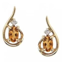 Oval Citrine & Diamond Stud Earrings Womens Pair in Solid Gold