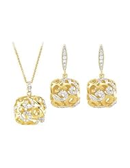 Cubic Zirconia and Sterling Silver Yellow Gold Plated Necklace with Pair Push Back Earrings Set