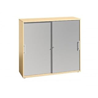Büro Schiebetürenschrank 120 x 40 x 110 cm Aktenschrank mit 3 Fächer und grauer Tür abschließbar Dekor wählbar, Dekor:Ahorn / Silbern