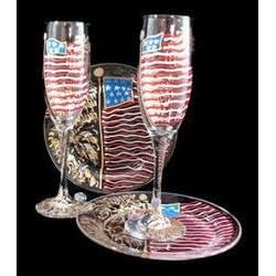 America s Flag Design - Hand Painted - Toasting Flutes - 6 oz. and 7 inch Cake Plates by BELLISSIMO!