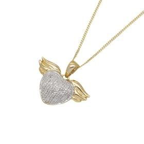 9ct Yellow Gold 0.07 Ct Diamond Heart Angel Pendant 18" Chain Adjustable