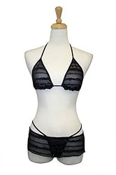 Exposed by Magic Silk Ruffle Mesh  Bra/Skirt/G-String Set, Sml/Med, Black