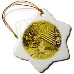 Girl and American Flag Vintage Christmas Antiqued tone – 3 Inch Snowflake Porcelain Ornament