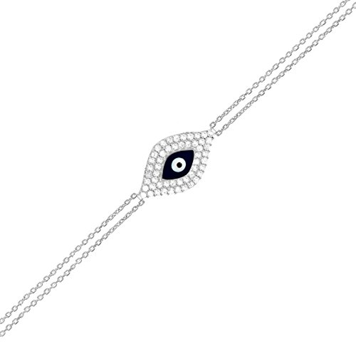 Beaux BijouxSterling Silver 7" Double-Strand Navy Enamel and CZ Evil Eye Bracelet
