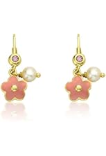 Little Miss Twin Stars "Frosted Flowers" 14k Gold-Plated Pink Enamel Flower Accented with Fresh Water Pearl Dangle Earrings