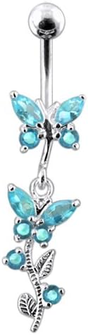 Aquamarine Twin Butterfly Dangling Sterling Silver with 14G-3/8 Inch (1.6x10MM) 316L Surgical Steel Banana Belly Ring Body jewelry