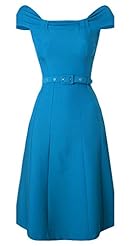 Cap Sleeves Off the Shoulder Cotton/Rayon/Spandex Belted Vintage Stretchy  Dress