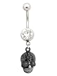 Stainless Steel Belly Ring with Clear Crystals - Dangling Black Skull