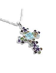 Radiant Cluster Blue Topaz Natural Gemstone Flower Cross Pendant 20" Necklace Sterling Silver