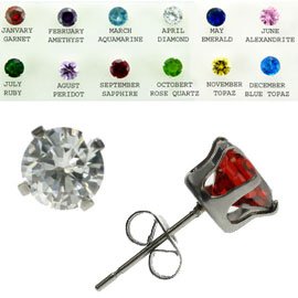 316L Stainless Surgical Steel Earrings - Birthstone CZ Stud Earrings - 4mm