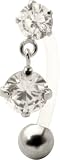 .925 Sterling Silver Double CZ Gem Dangle Belly Button Navel Ring