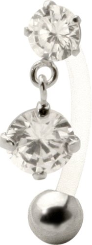 Double Cubic Zirconia - 925 Sterling Silver & Bioplast Upper Dangle Belly Ring
